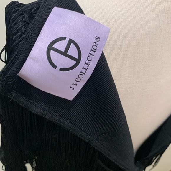 BRAND NEW JS COLLECTIONS OFF SHOULDER BLACK BANDAGE MIDI FRINGE BODICE DRESS - Picture 3 of 5